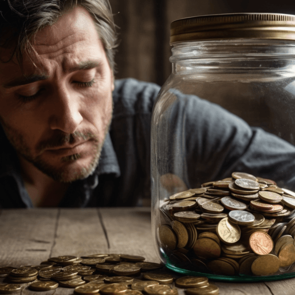 The picture of the sad man with the jar of coins