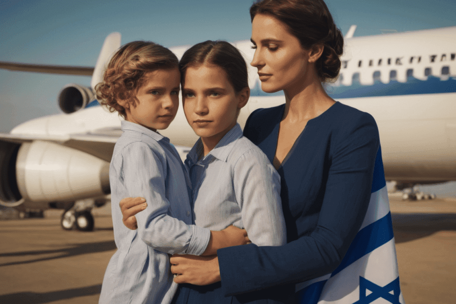 The picture of woman with two little girls and the plane on the background.